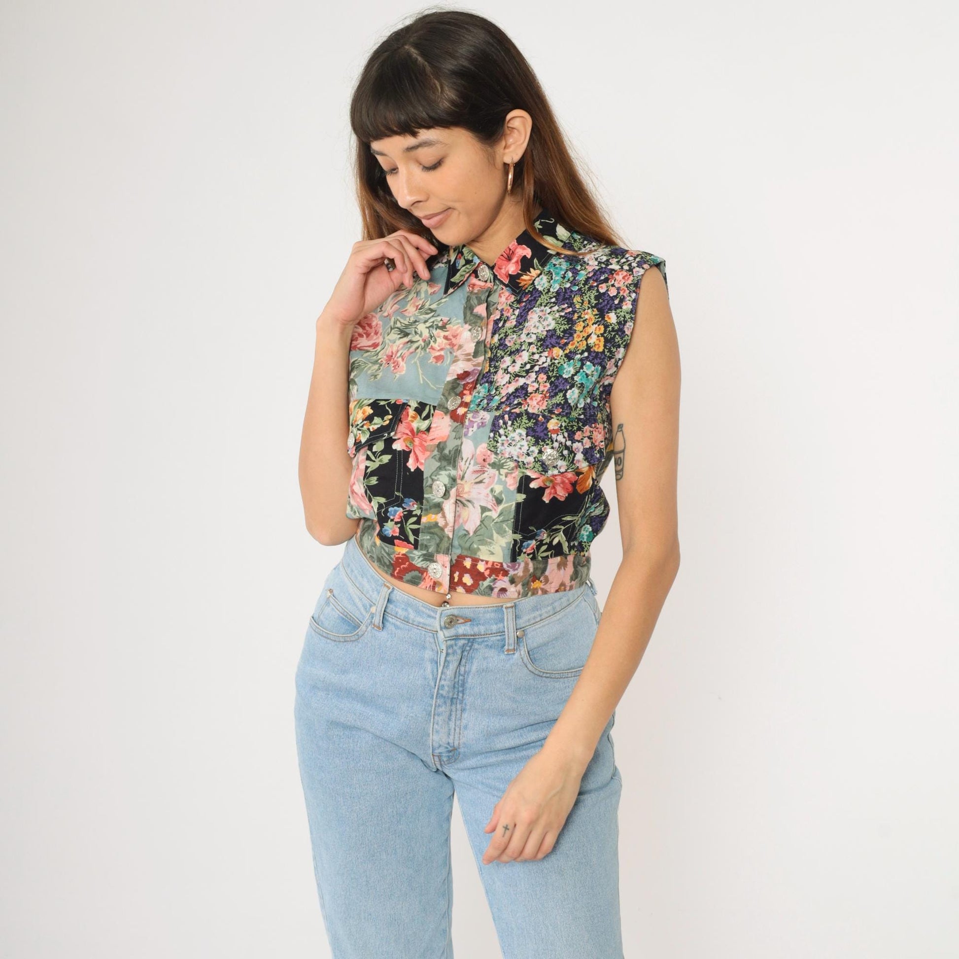 90s Cotton Express Floral Patchwork Crop Vest Button-Up Sleeveless Medium