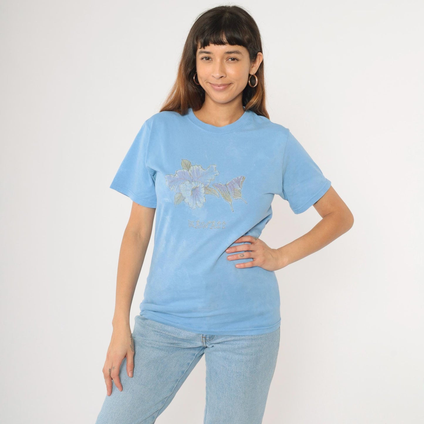 90s Hawaii Butterfly T-Shirt Light Blue Gold Glitter Graphic Tee Small S