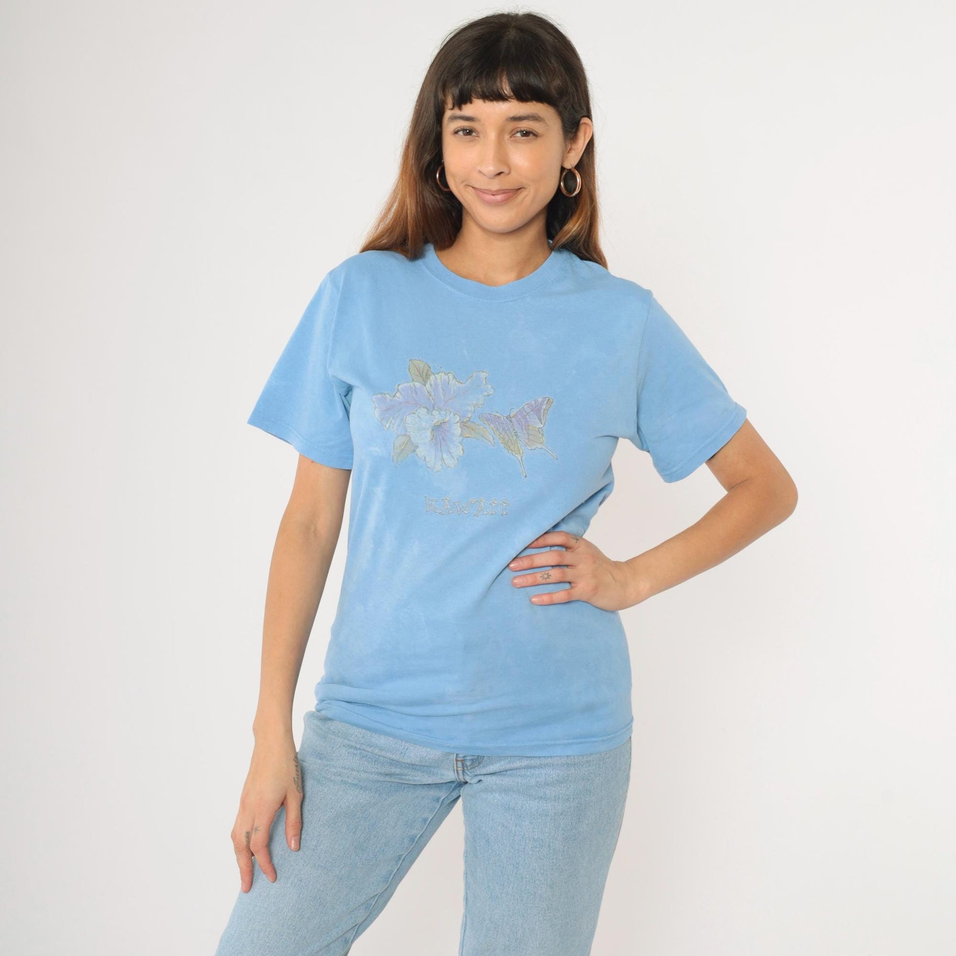 90s Hawaii Butterfly T-Shirt Light Blue Gold Glitter Graphic Tee Small S