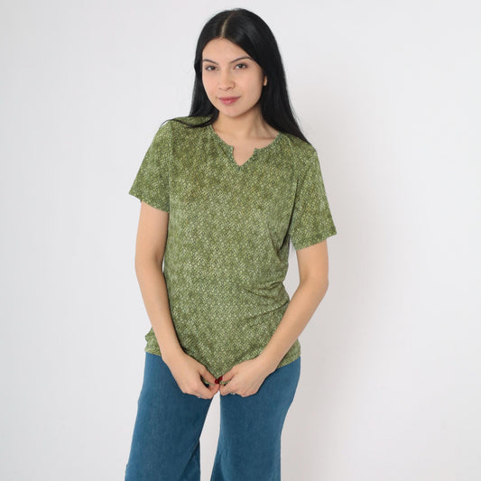 90s Olive Green Geometric Lattice Print Top Split V-Neck Short Sleeve Medium Large