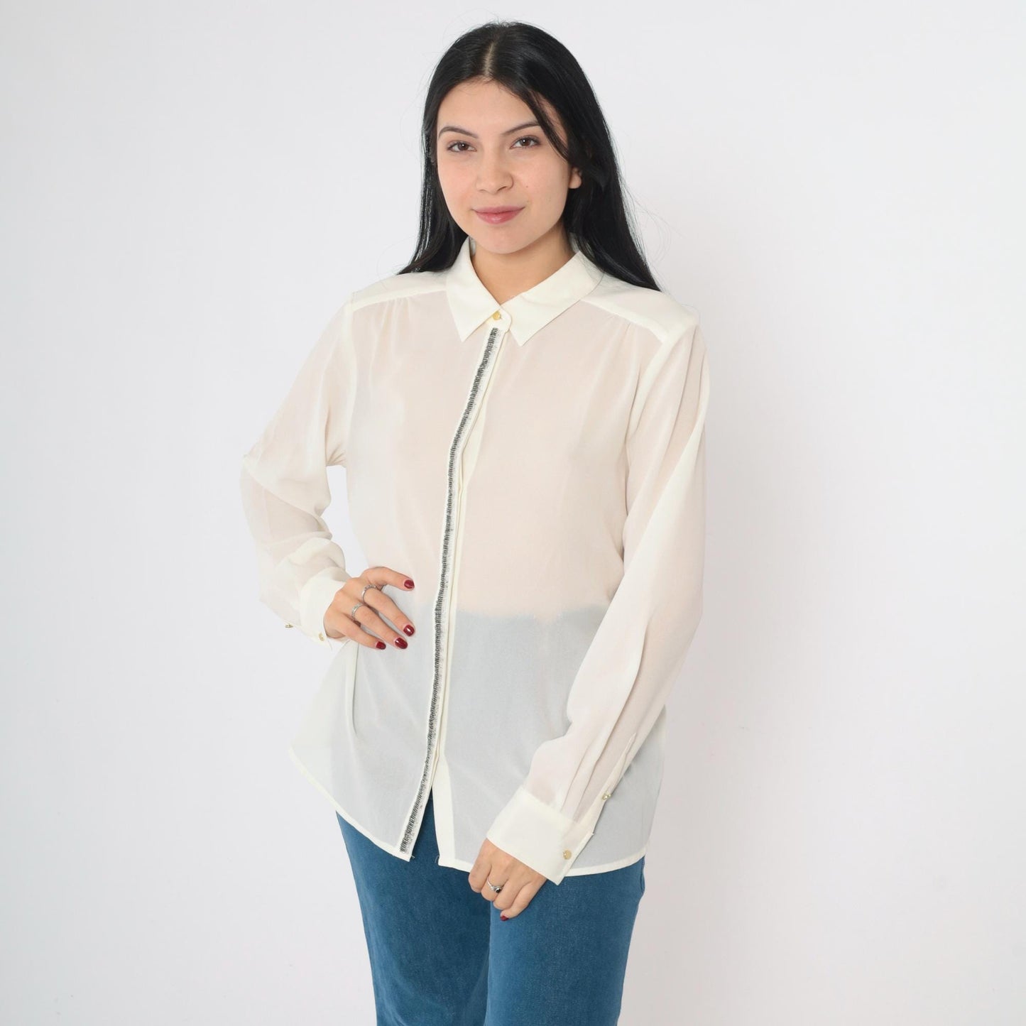 90s Liz Claiborne Beaded White Button-Up Blouse Long Sleeve Large