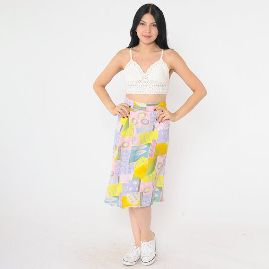 90s Abstract Geometric Midi Skirt Pastel Color Block High Waist Large L