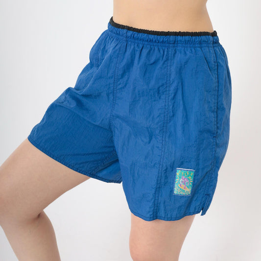 90s Reflex Blue Nylon Swim Shorts Elastic Waist Surfer Patch Medium