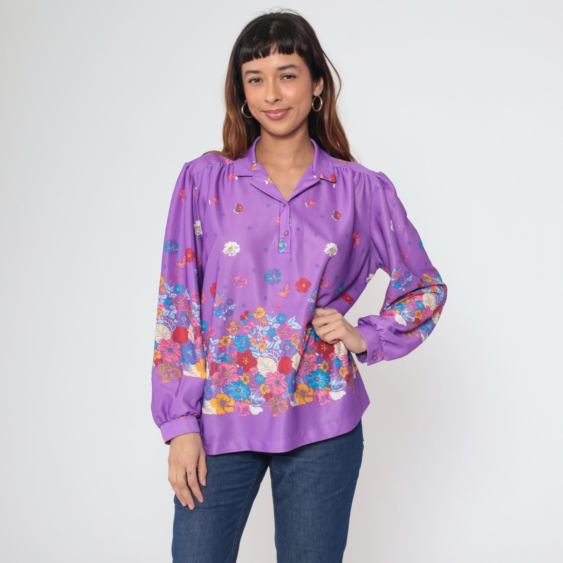 70s Penny Lou Floral Butterfly Blouse Purple Puff Sleeve Button Up Extra Large