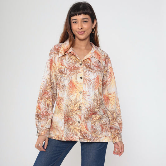 70s Abstract Feather Print Button Up Blouse Dagger Collar Yellow Orange Brown Extra Large