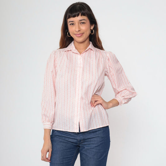 80s Striped Puff Sleeve Button-Up Blouse White Red Small S
