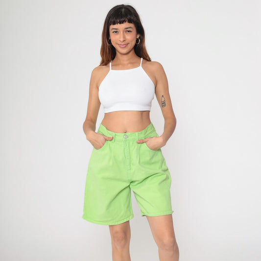 90s Lime Green Denim Shorts High Waist Jean Shorts Cotton Large 12
