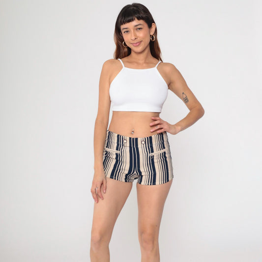 70s Catalina Striped Swim Shorts Navy Beige High-Waisted Bikini Bottom Small