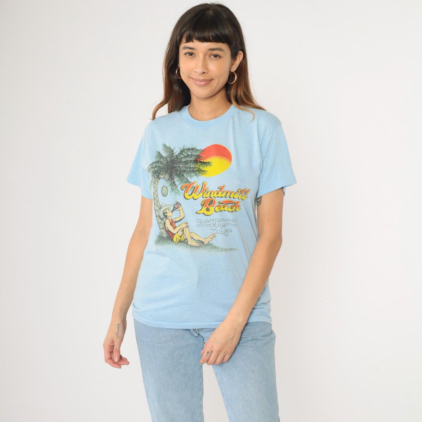 80s Guantanamo Bay Cuba Windmill Beach Graphic T-Shirt Baby Blue Small
