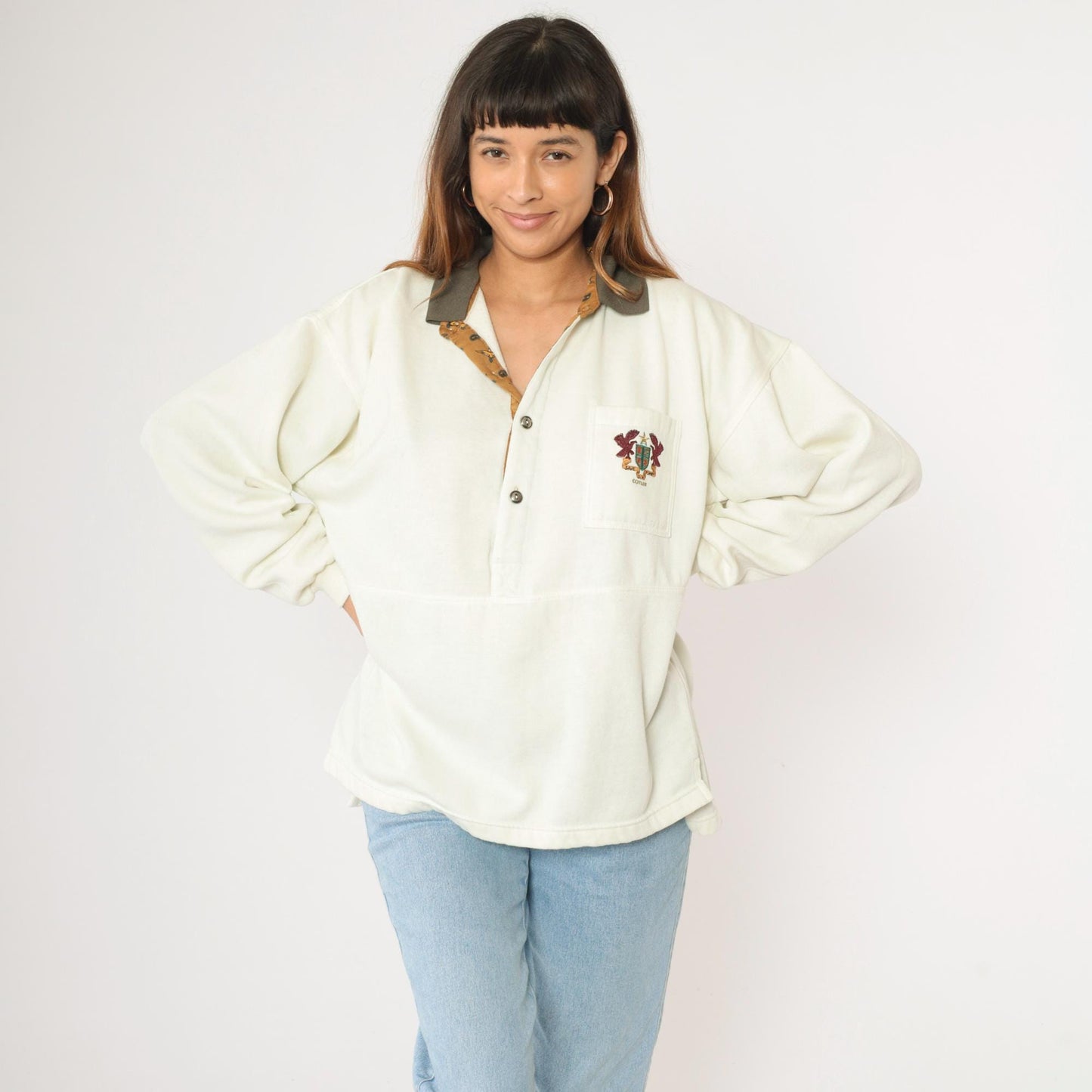 90s Cotler Collared Sweatshirt Embroidered Crest Cream Polo Extra Large XXL