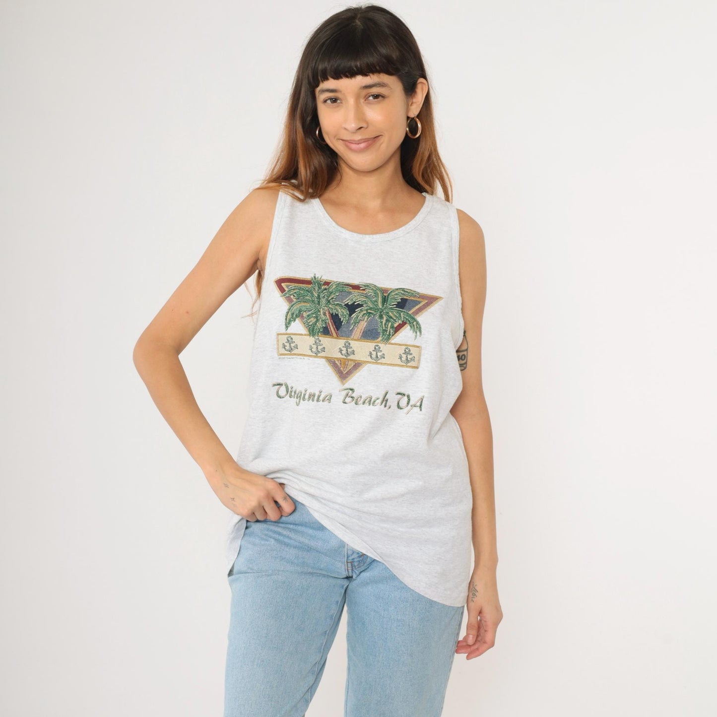 90s Virginia Beach Tank Top Graphic Tee Palm Tree Anchor Grey Extra Large