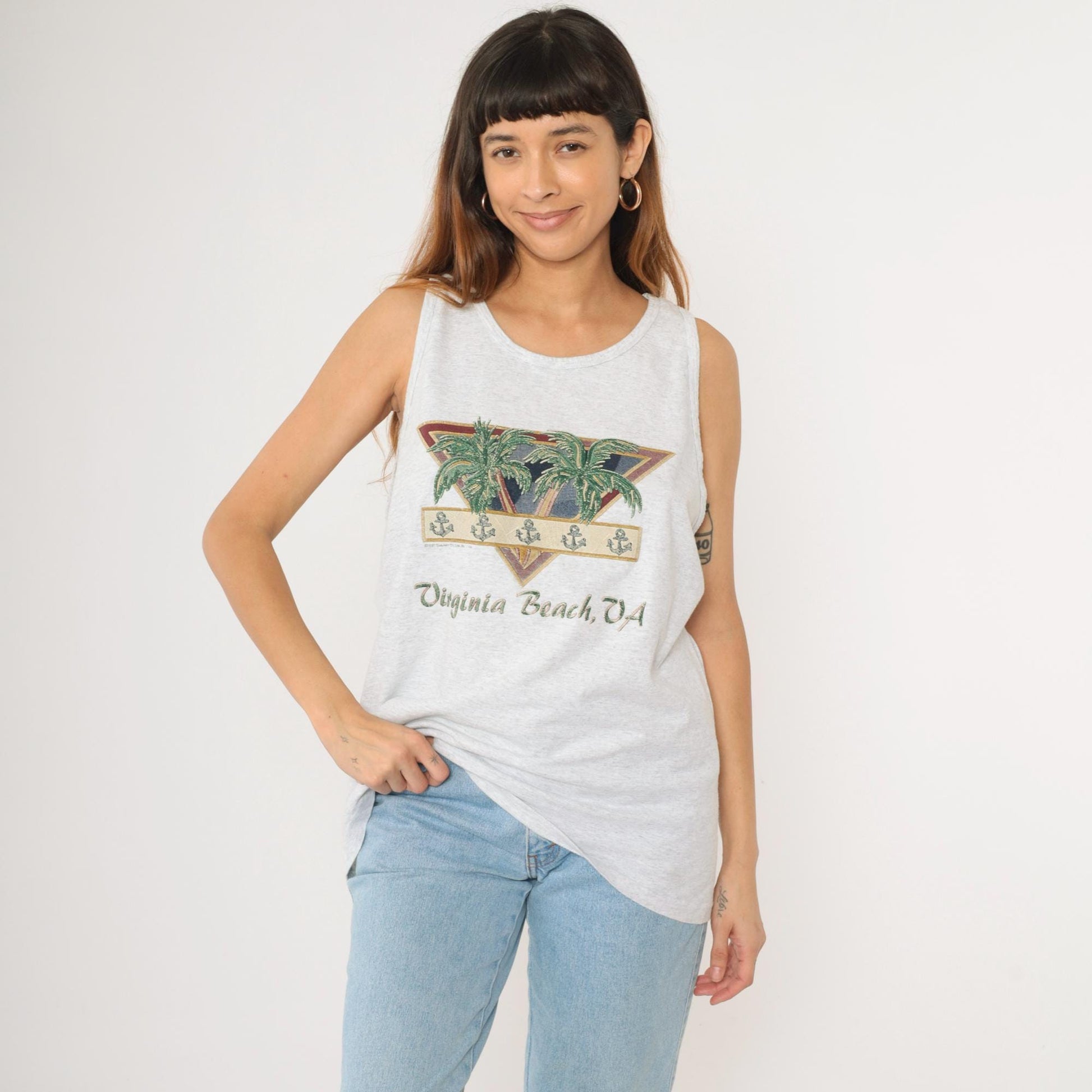 90s Virginia Beach Tank Top Graphic Tee Palm Tree Anchor Grey Extra Large