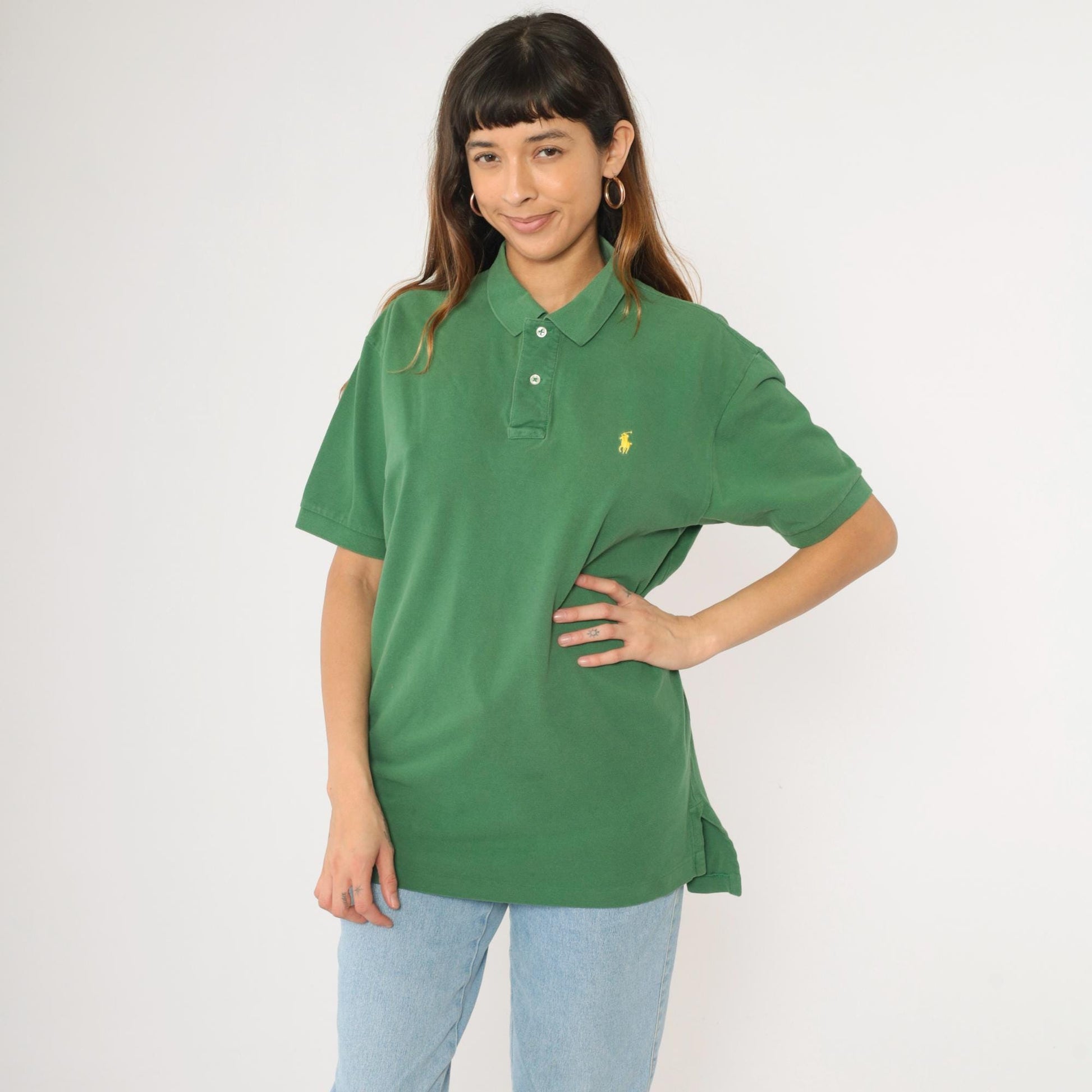 90s Ralph Lauren Polo Shirt Green Cotton Quarter-Button Collared Large L