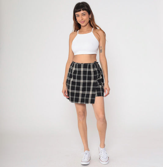 90s Black Checkered Wrap Skort High Waisted Plaid Mini Skirt Small 6