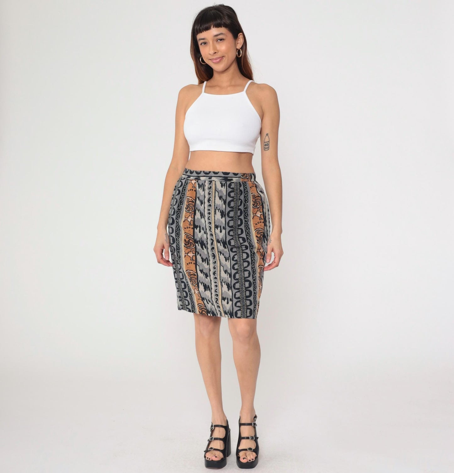90s Geometric Striped Mini Skirt High Waisted Pencil Grey Black Tan Medium