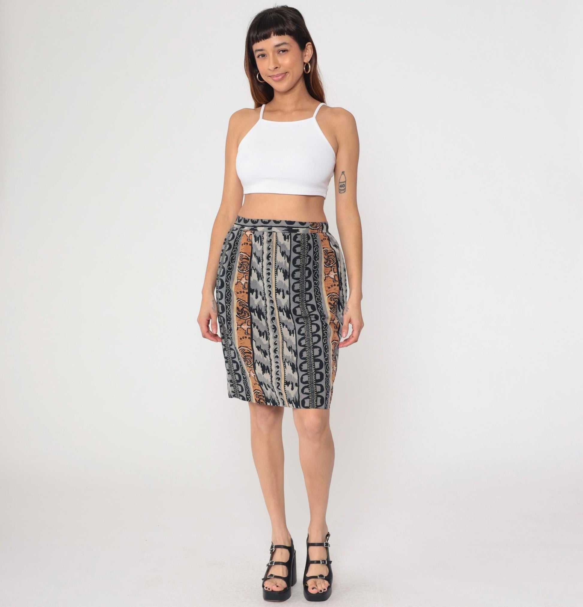 90s Geometric Striped Mini Skirt High Waisted Pencil Grey Black Tan Medium