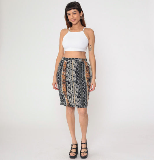 90s Geometric Striped Mini Skirt High Waisted Pencil Grey Black Tan Medium