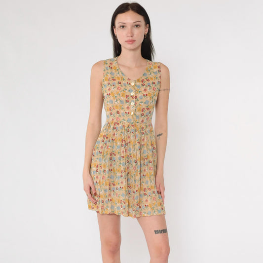 90s Floral Checkered Patchwork Mini Dress Tan Sleeveless Collared A-Line Small