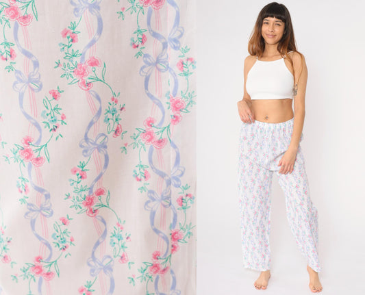 80s Floral Ribbon Pajama Pants White Elastic Waist Sleep Bottoms Medium