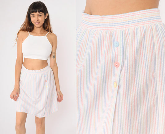 80s Seersucker Striped Skort White Rainbow Pastel High Waist Mini Medium