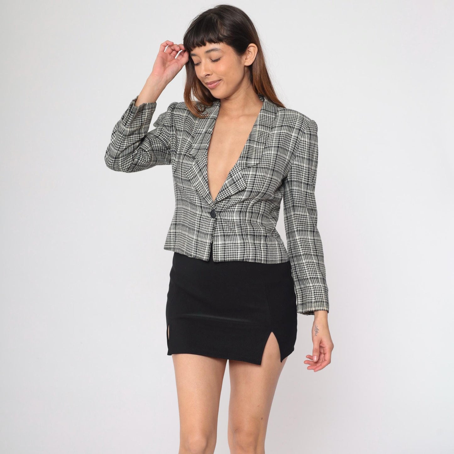 90s Michelle Stuart Houndstooth Blazer Black White Single Button Small Petite