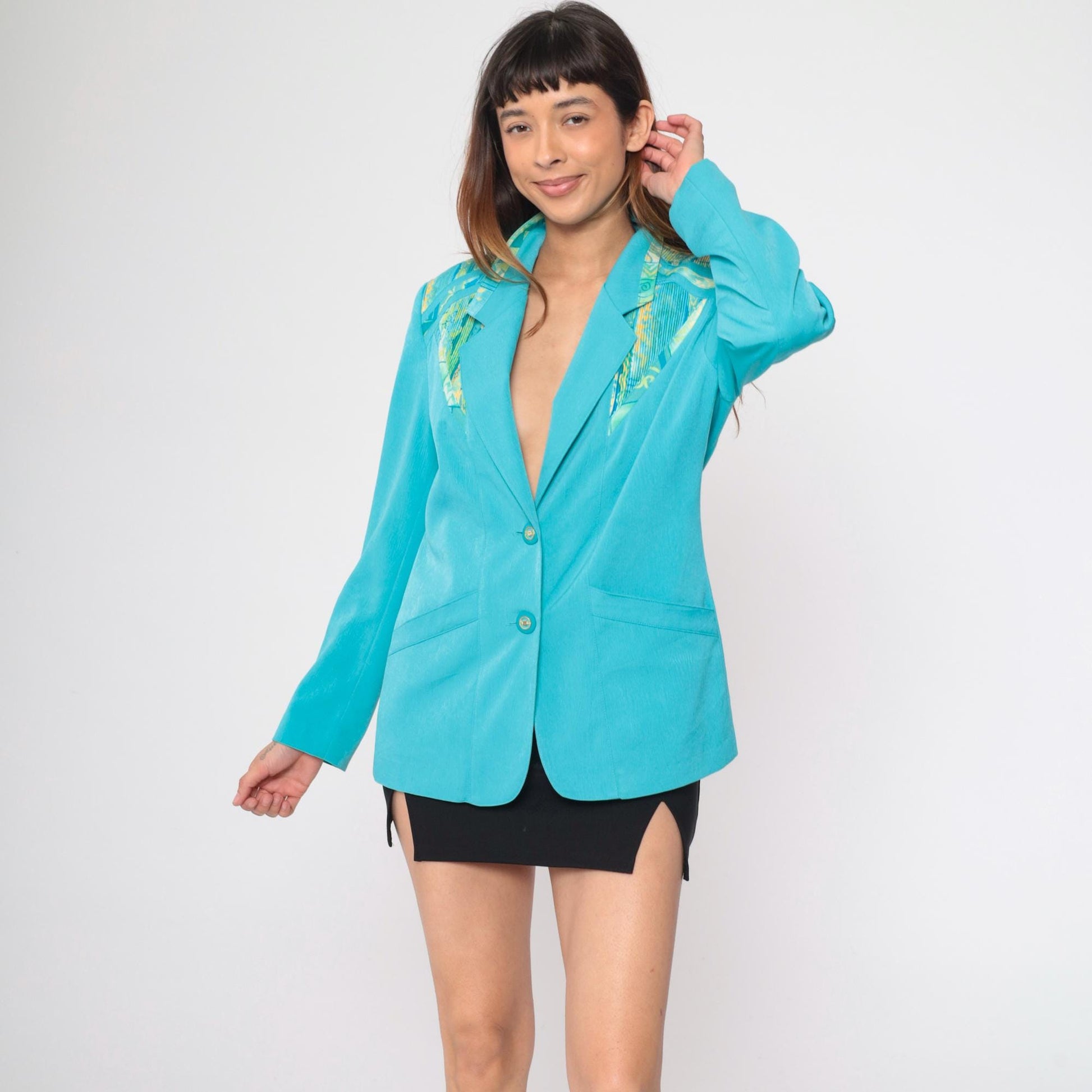90s Turquoise Geometric Blazer V-Neck Button Jacket Small 6