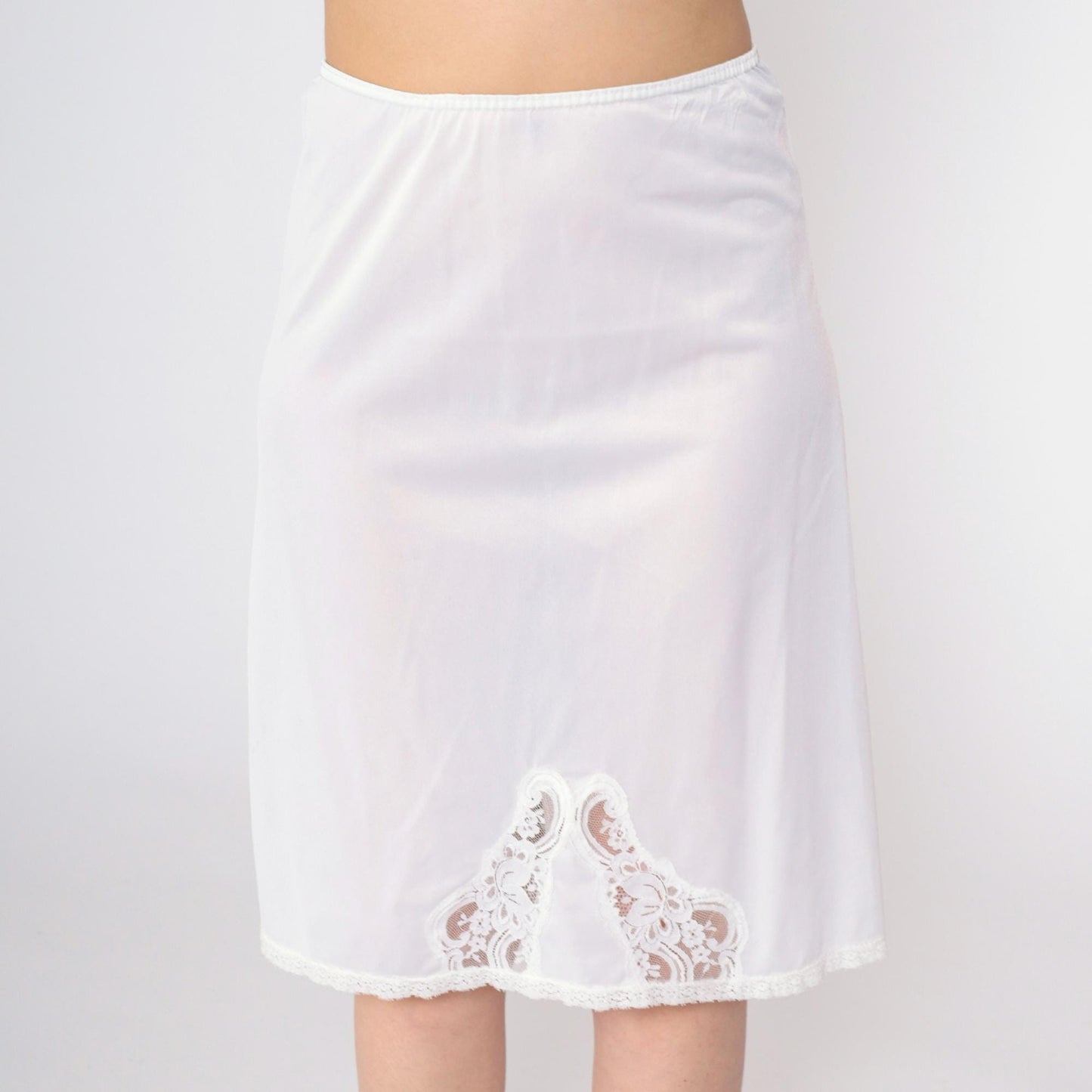 70s White Lace Slip Skirt Vintage Lingerie Elastic Waist Knee Length Small