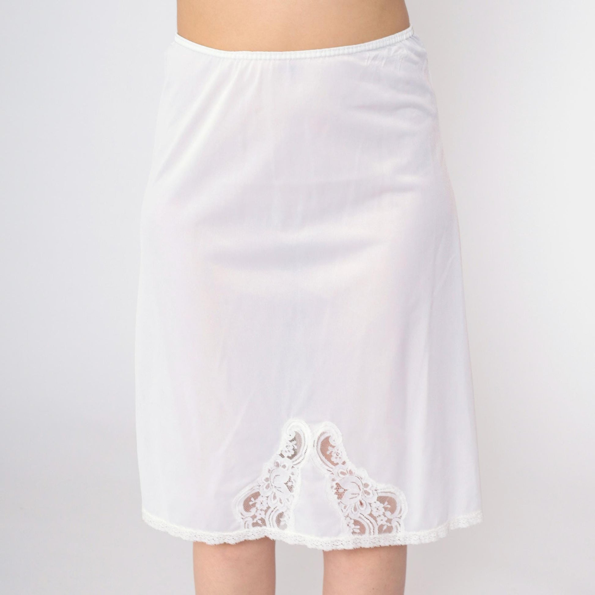 70s White Lace Slip Skirt Vintage Lingerie Elastic Waist Knee Length Small