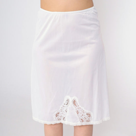 70s White Lace Slip Skirt Vintage Lingerie Elastic Waist Knee Length Small