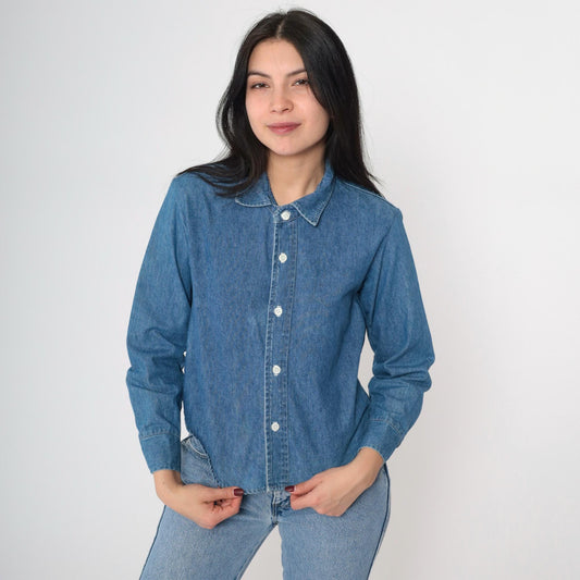 90s Contempo Casuals Denim Button-Up Shirt Blue Cotton Long Sleeve XXS