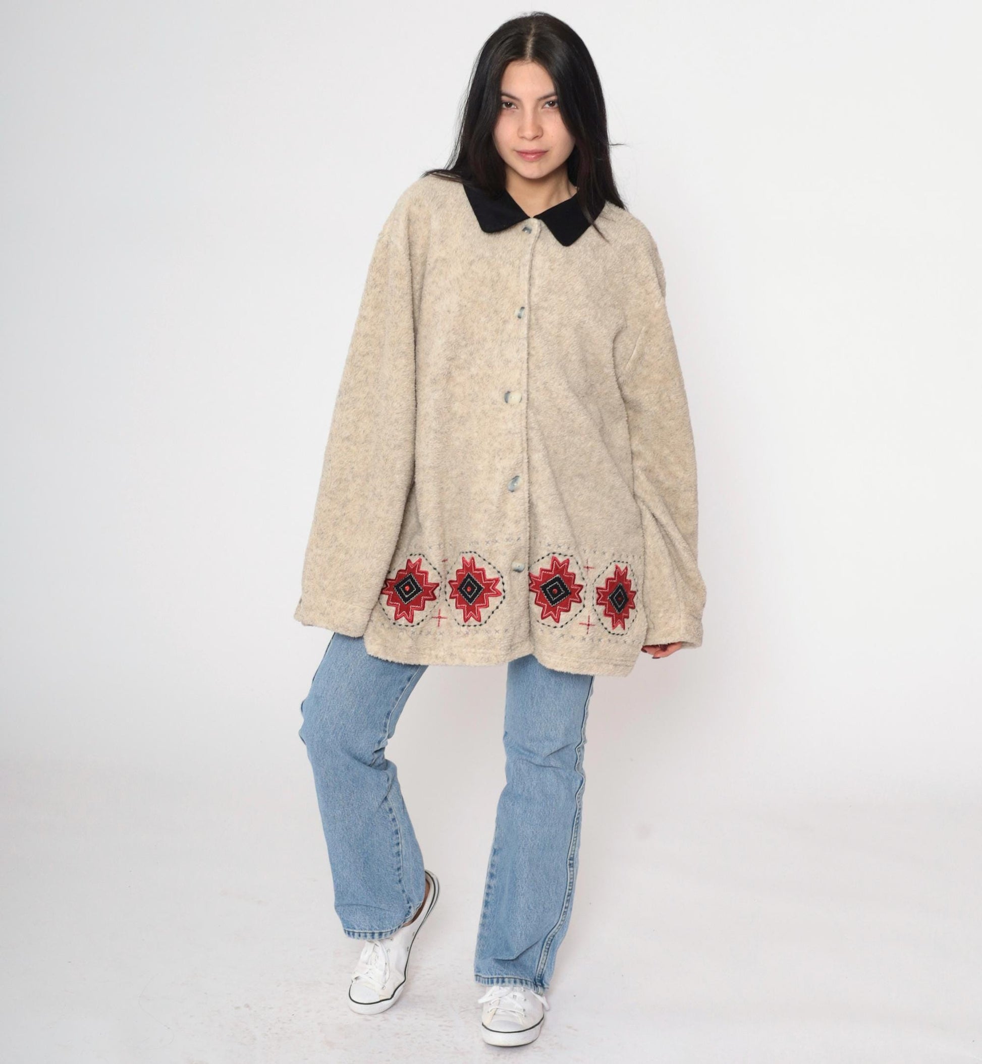 00s Southwestern Fleece Jacket Beige Aztec Button-Up XXL