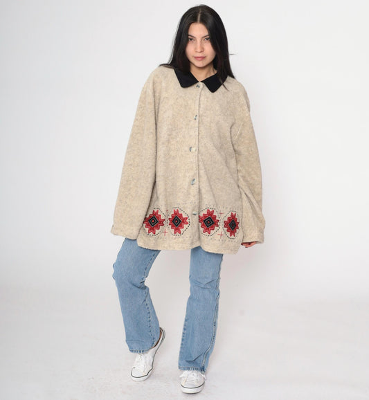 00s Southwestern Fleece Jacket Beige Aztec Button-Up XXL