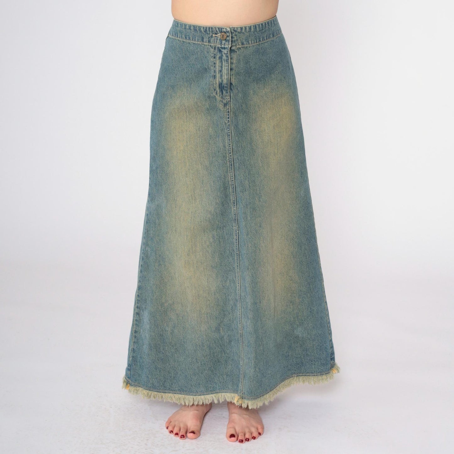 Y2K Blue Denim Maxi Skirt High Rise A-Line Rear Slit Small 6