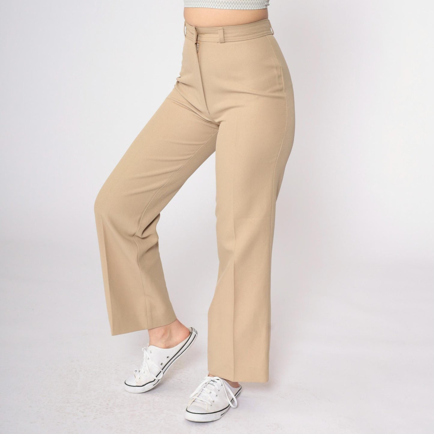 70s Tan Straight Leg High Rise Trousers Creased Vintage XS