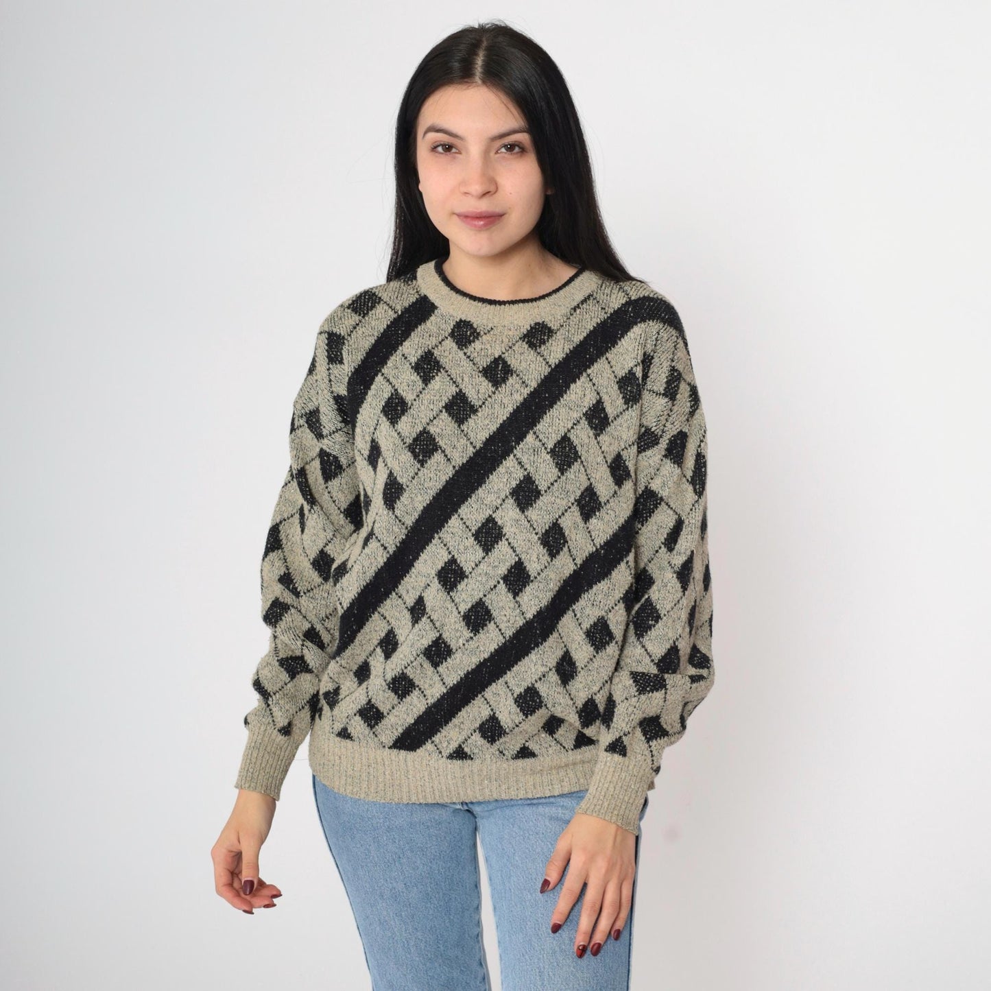 90s Geometric Knit Sweater Black Taupe Lattice Crewneck Pullover Medium
