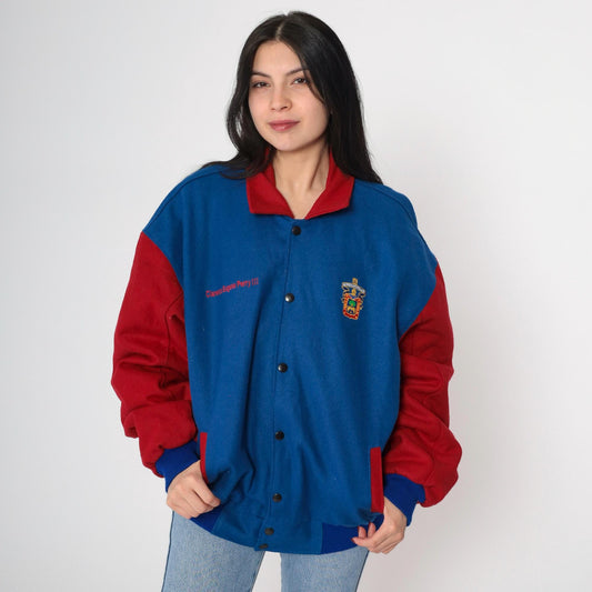 90s Universidad de Guadalajara Wool Varsity Jacket Lion Embroidery Blue Red Large