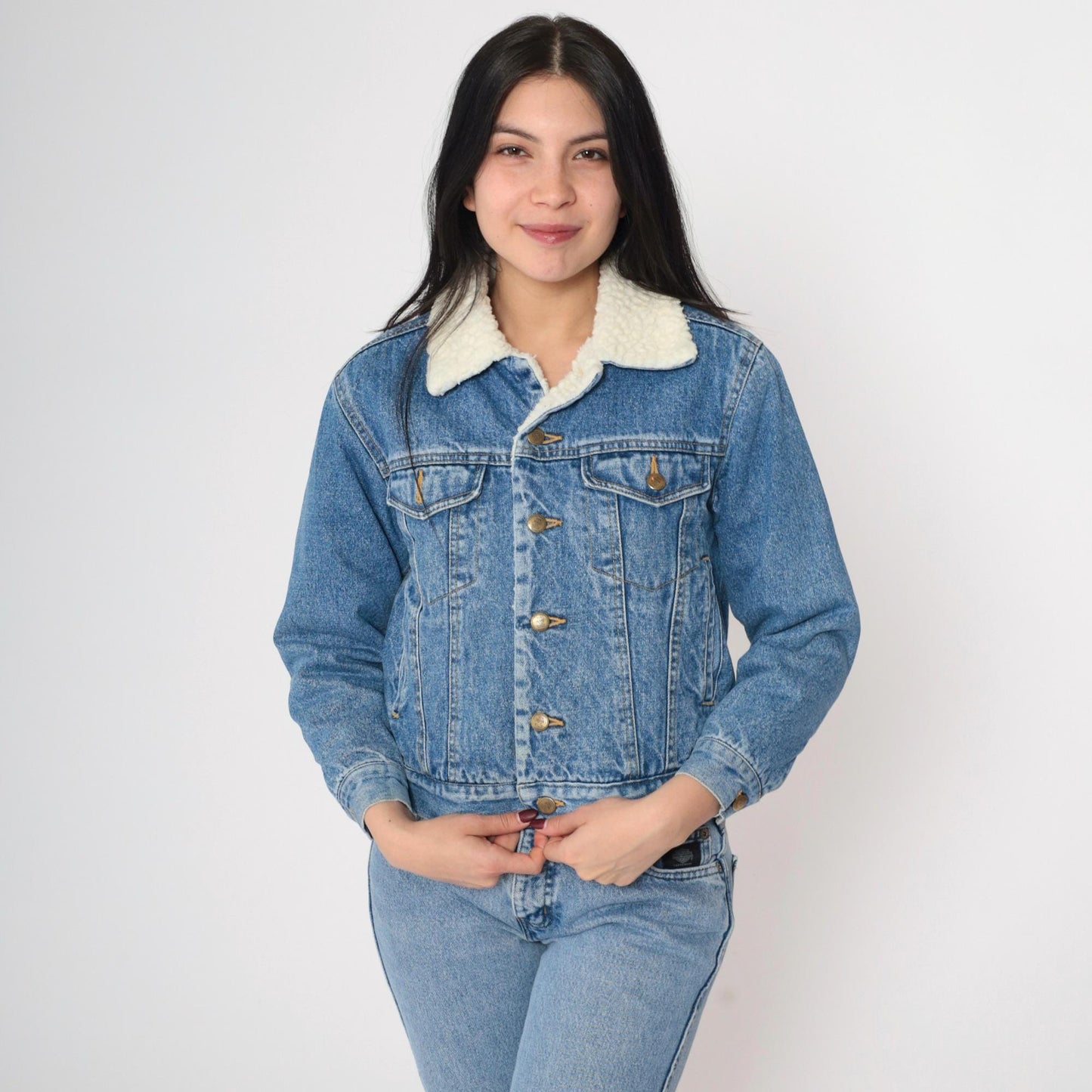 90s Blue Denim Shearling Jacket Faux Fleece Lined Button Up XXS