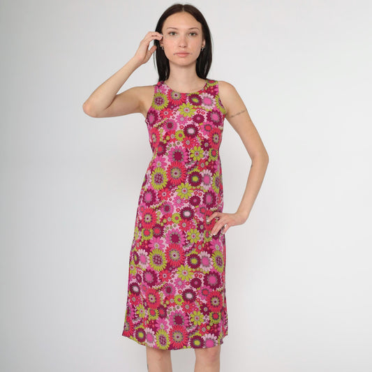 90s Floral Midi Sundress Shift Sleeveless Pink Purple Lime Green 2XS