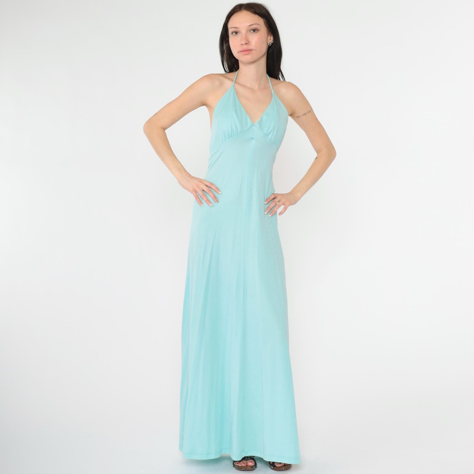 70s Light Blue Halter Maxi Dress Open Back Empire Waist Extra Small