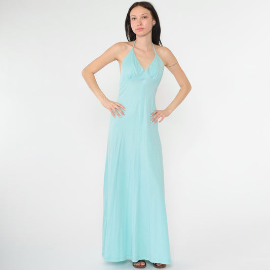 70s Light Blue Halter Maxi Dress Open Back Empire Waist Extra Small