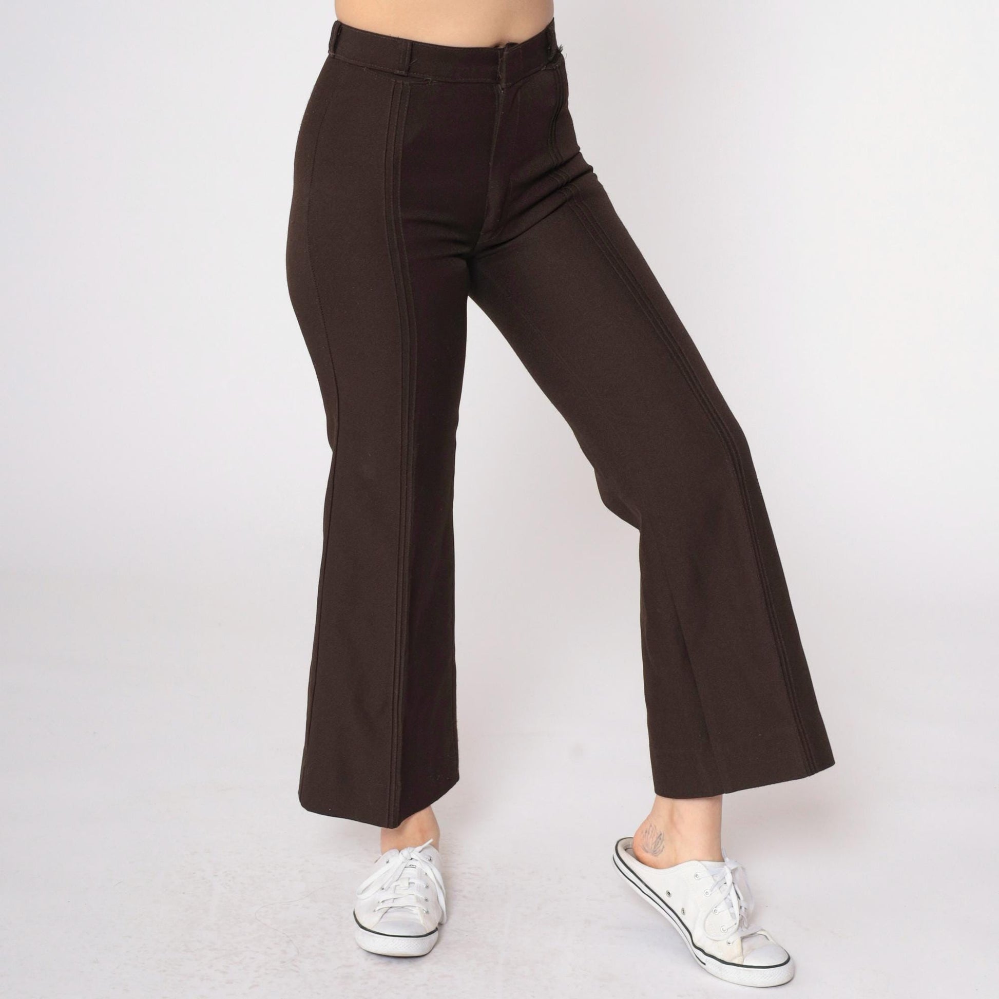 70s Dark Brown Bell Bottom Pants Pintuck Pleated Mid Rise Extra Small