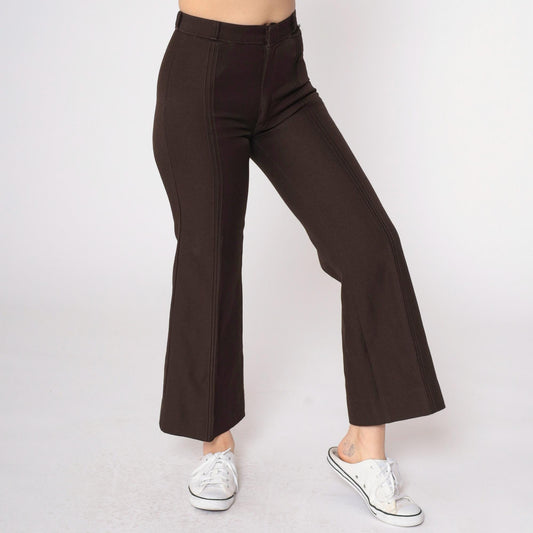 70s Dark Brown Bell Bottom Pants Pintuck Pleated Mid Rise Extra Small