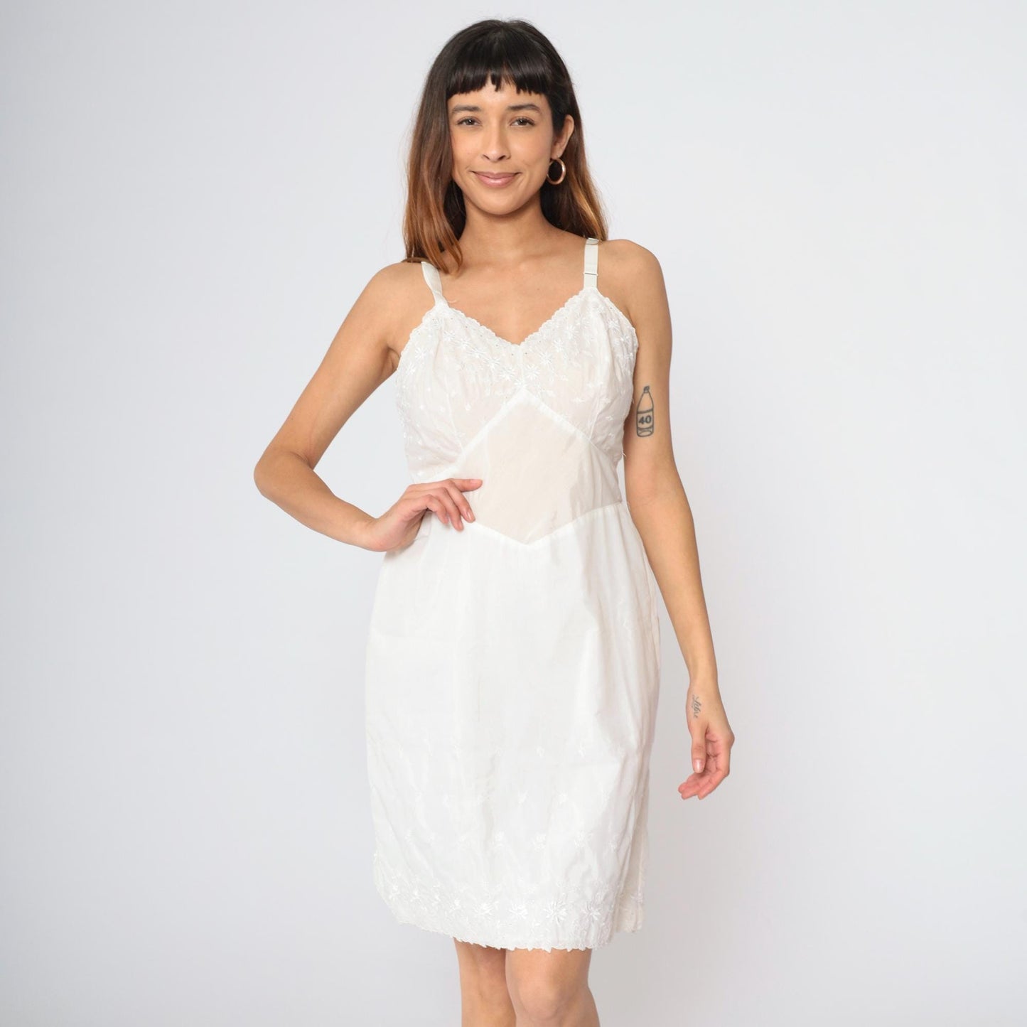 60s White Floral Embroidered Slip Dress High Waist Spaghetti Strap Mini 36