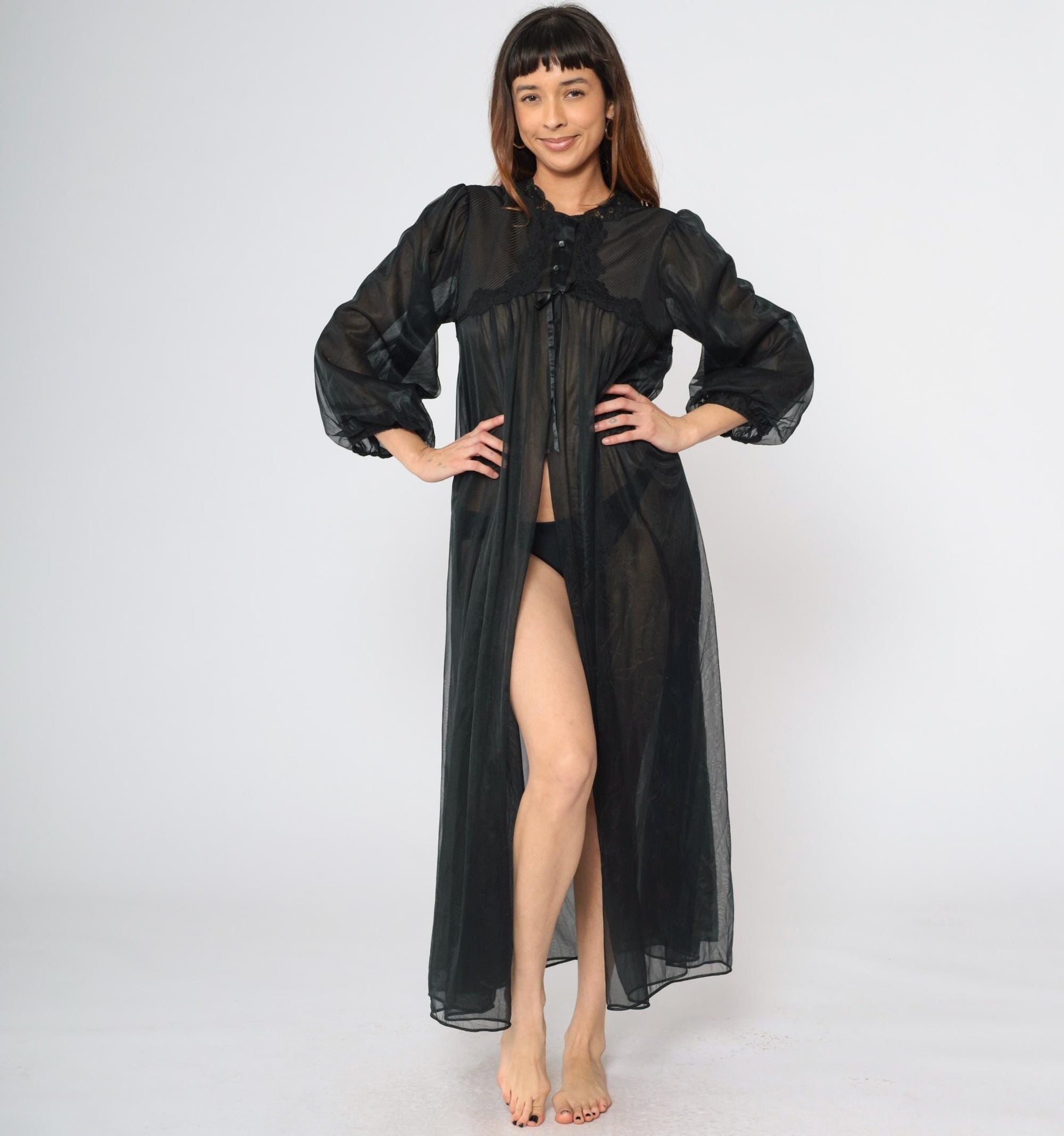 70s Gossard Artemis Black Nylon Lingerie Robe Lace Trim Maxi Medium
