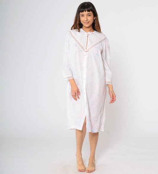 80s Barbizon Floral Button-Up Nightgown Pastel Pink Lace Trim Midi Large L
