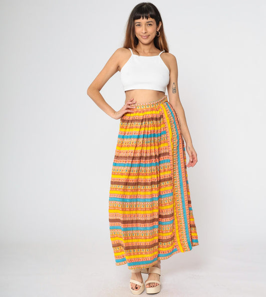 70s Lady Arrow Striped Maxi Skirt High Waist Floral Abstract Print Medium