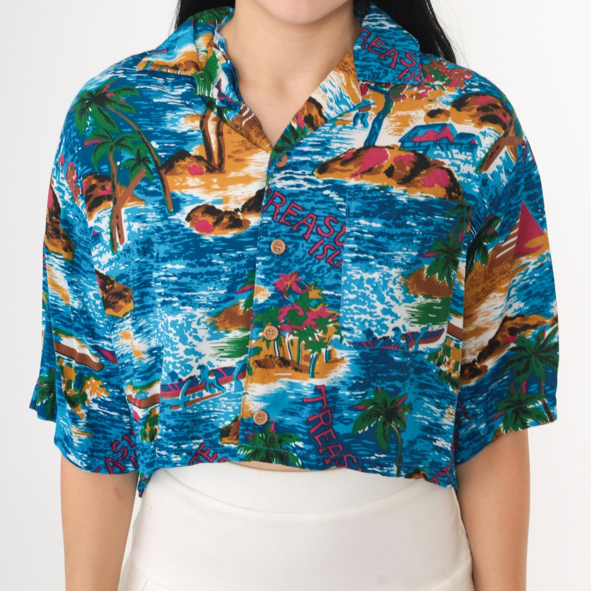 90s Islander Tropical Crop Top Blue Treasure Island Button-Up Medium