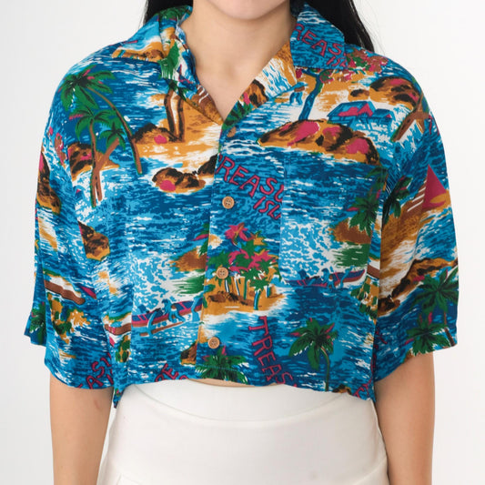 90s Islander Tropical Crop Top Blue Treasure Island Button-Up Medium