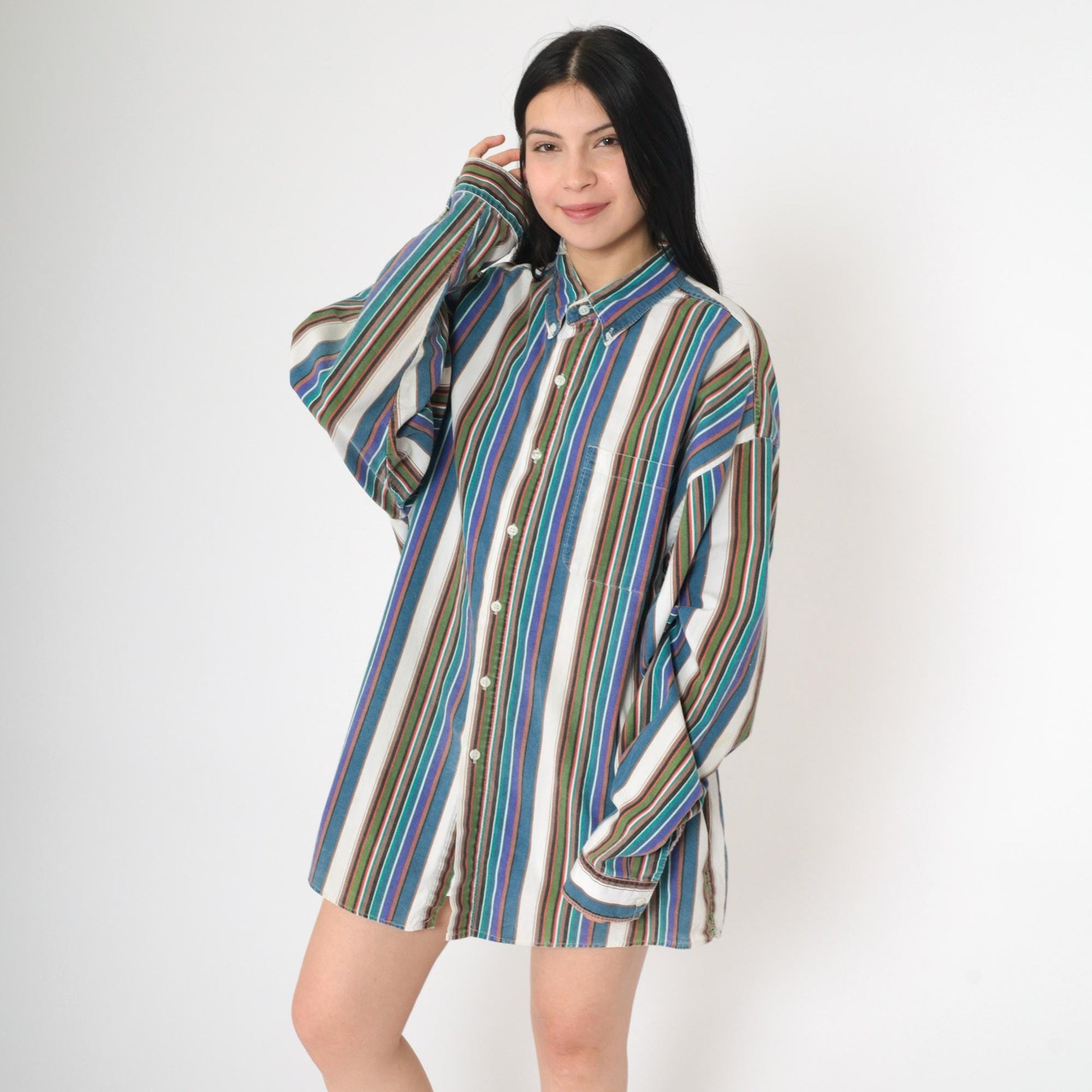 90s Bon Homme Multicolor Striped Cotton Button-Up Shirt Long Sleeve Extra Large XL