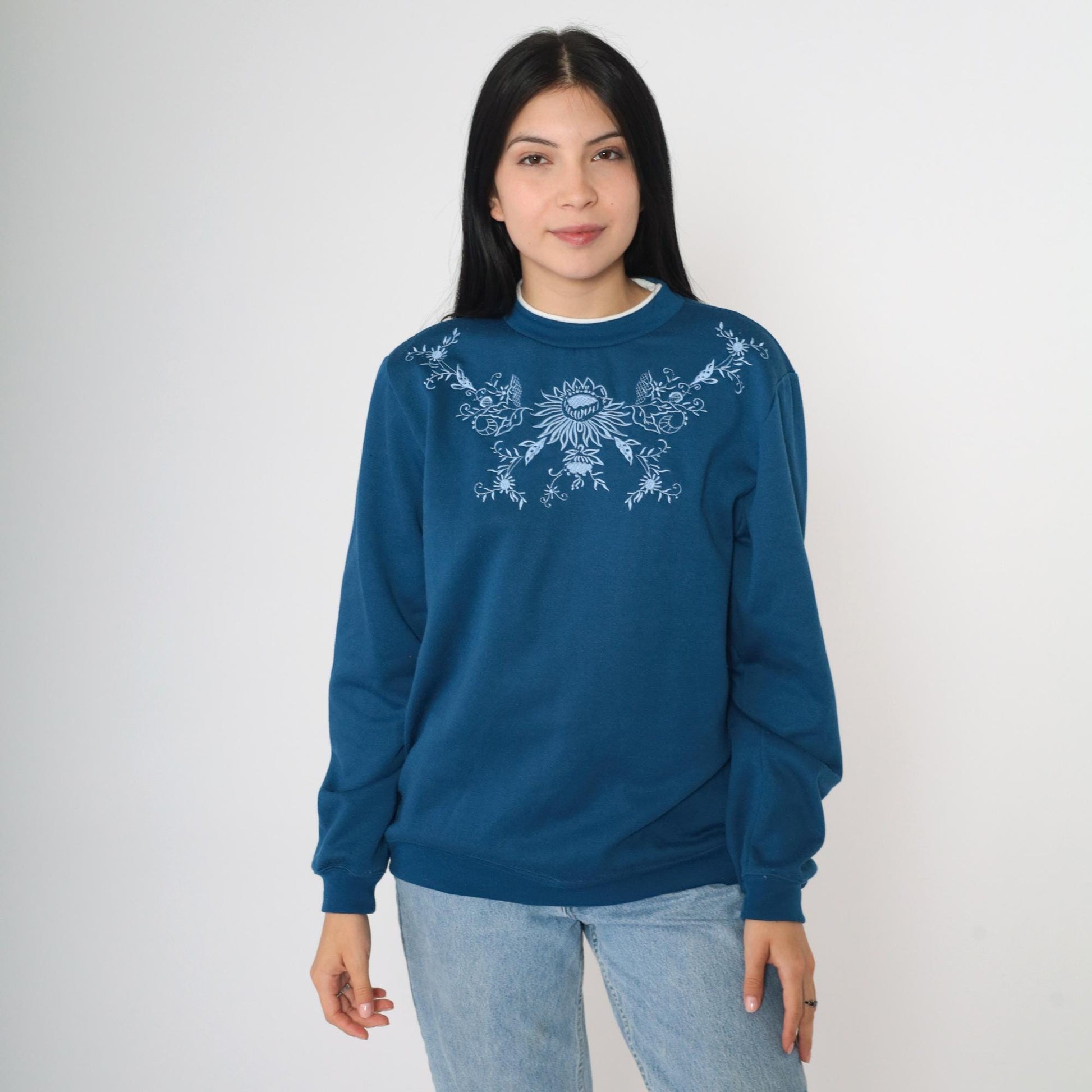 Y2K Blair Floral Embroidered Sweatshirt Blue Double Collar Crewneck Small